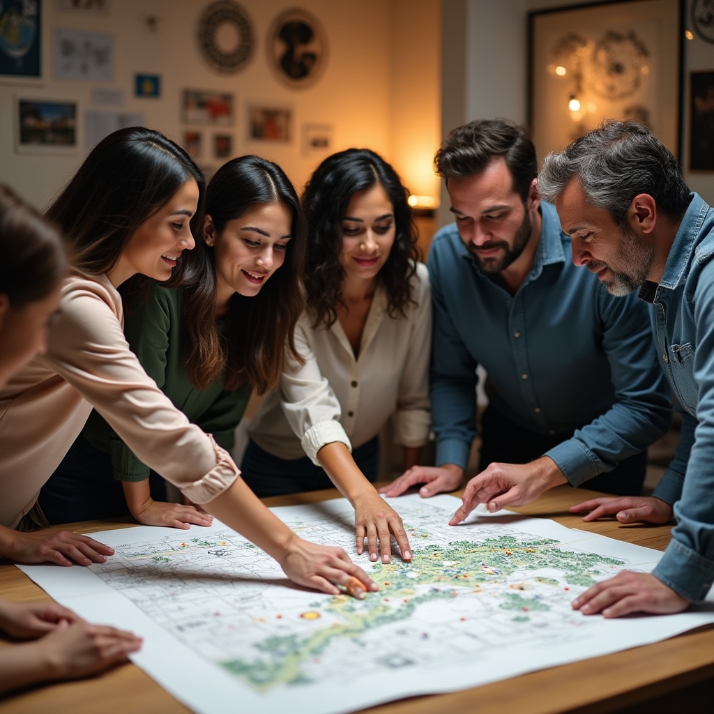 Diverse group discussing land development project with site plans