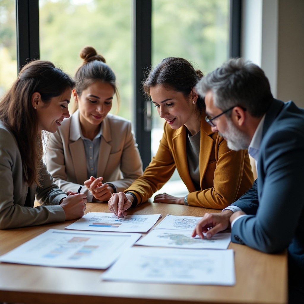 Collective development group reviewing comprehensive property verification report together