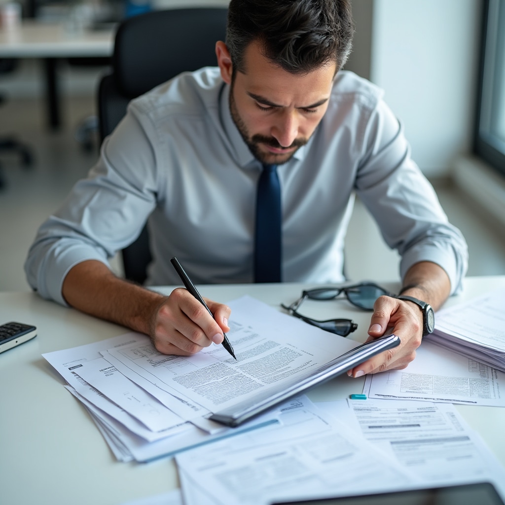 Independent professional conducting thorough document verification at desk