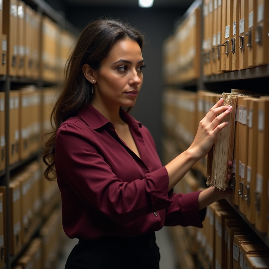 Professional conducting research at property registry office with official documents